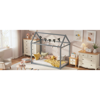 Sunvega Twin Size Gray Wooden House Bed with Eaves Design for Kids Room
