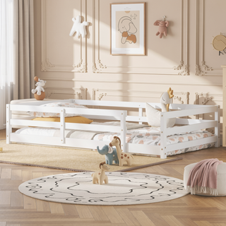 Sunvega Full Size Floor Bed with Fence for Kids Made of Sturdy Pine Wood