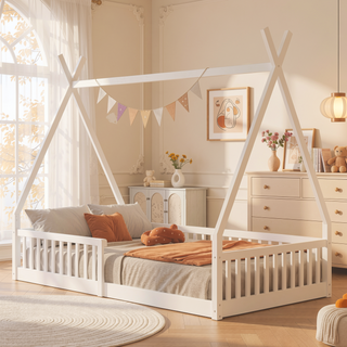 Sunvega White Distressed Washed Wood House Bed with Fence for Kids Twin Size