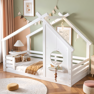 Sunvega White Twin House Floor Bed with Window and Shelf for Kids Room