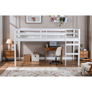 Sunvega Espresso Rubber Wood Low Height Loft Bed with Ladder for Bedroom