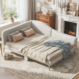 Sunvega Modern Upholstered Twin Daybed with Headboard Armrest Linen Fabric