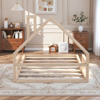 Sunvega Natural Wood Floor Bed with House-Shaped Headboard for Kids Room