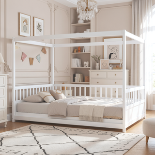 Sunvega Full Size Canopy Floor Bed Frame with Guardrails for Kids Boys Girls
