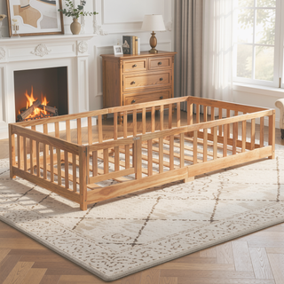 Sunvega Full Size Pine Wood Floor Bed with Safety Guardrails and Door