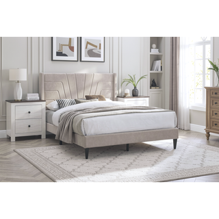 Sunvega Light Brown Queen Size Upholstered Burlap Fabric Headboard Platform Bed