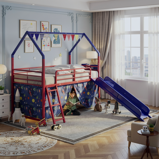 Sunvega Marvel Superhero Metal Twin Loft Bed with Slide and Curtain Set