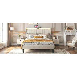 Sunvega Full Size Upholstered Platform Bed Frame with Headboard and USB Charging