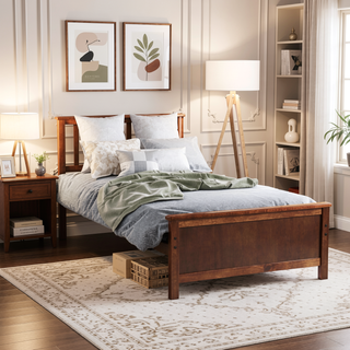 Sunvega White Twin Size Wood Platform Bed with Headboard and Sturdy Wood Slat Support