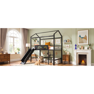 Sunvega Twin Size Metal Loft Bed with Slide and Two-Sided Writable Wooden Board