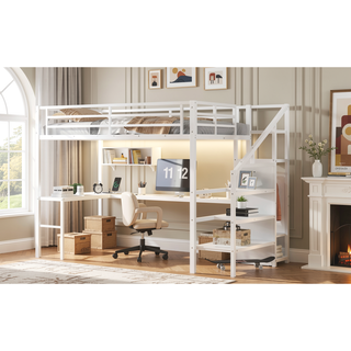 Sunvega Twin XL Loft Bed with Wardrobe Stairs USB LED Light and Desk