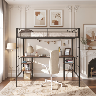 Sunvega Sturdy Metal Twin Size Loft Bed with Built-in Desk and Shelves