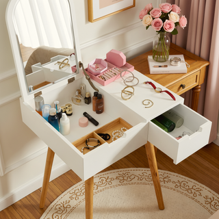 Sunvega Makeup Vanity Table with 3-Color LED Mirror and 2 Drawers for Bedroom