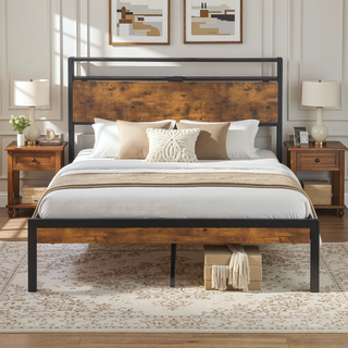 Sunvega Modern Twin Size Metal Platform Bed Frame with Wooden Headboard and USB LINER