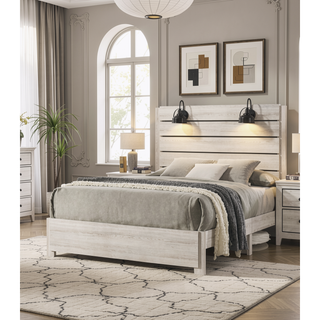 Sunvega Traditional Rustic Style Queen Size Platform Bed with Headboard Lamps
