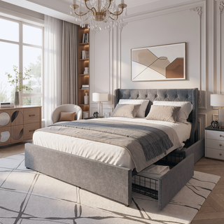Sunvega Dark Grey Full Size Bed Frame with 4 Storage Drawers and Wingback Headboard