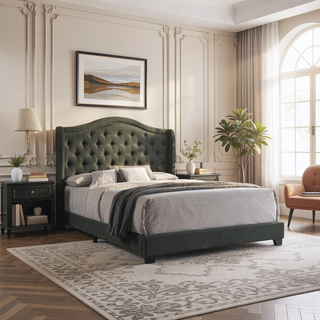 Sunvega Copper Beige Upholstered Queen Wingback Bed with Classic High Back Design