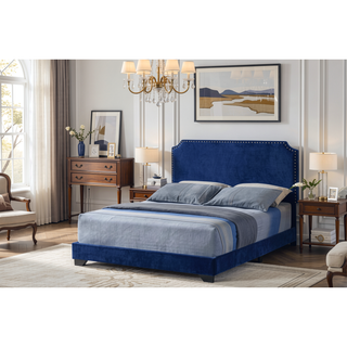 Sunvega Blue Velvet Queen Upholstered Bed with Nailhead Trim Accent