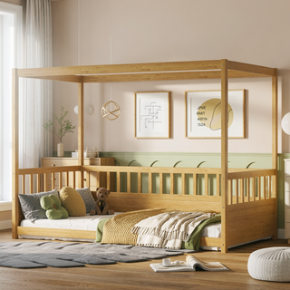 Sunvega Kids Twin Size Floor Canopy Bed with Guardrails and Four Poster Design
