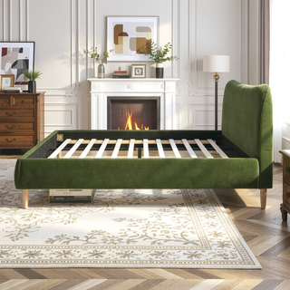 Sunvega King Upholstered Platform Bed with Curved Headboard in Oatmeal Chenille