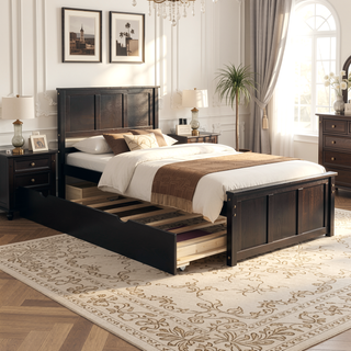 Sunvega Twin Size Platform Bed with Trundle in Espresso Made of Solid Wood