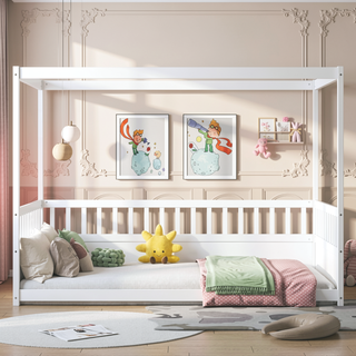 Sunvega Full Size Canopy Floor Bed Frame with Guardrails for Kids Boys Girls