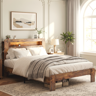 Sunvega Full Size Wood Platform Bed Frame with Storage LED Headboard and 2 USB Ports