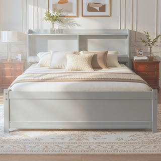 Sunvega White Twin Trundle Bed with Storage Headboard and Bookcase