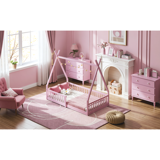 Sunvega White Distressed Washed Wood House Bed with Fence for Kids Twin Size
