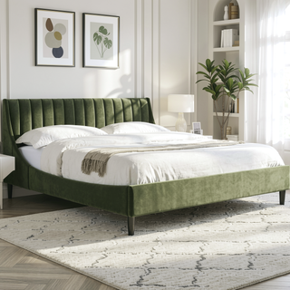 Sunvega Handmade Vertical Tufted Headboard Platform Bed Set in Light Beige Linen