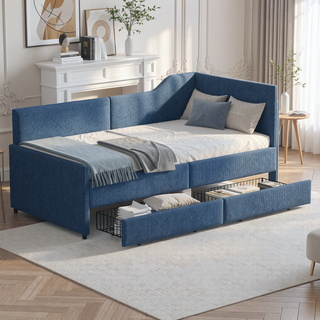Sunvega L-Shaped Semi-Enclosed Upholstered Corduroy Daybed Frame with 2 Storage Drawers