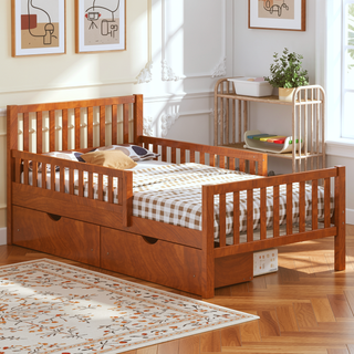 Sunvega Twin Size Walnut Wood Platform Bed with Guardrails and Two Storage Drawers