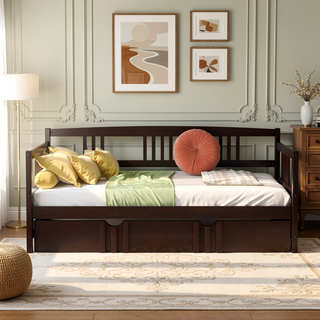 Sunvega Full Size Daybed with Twin Trundle Solid Wood Frame for Living Room