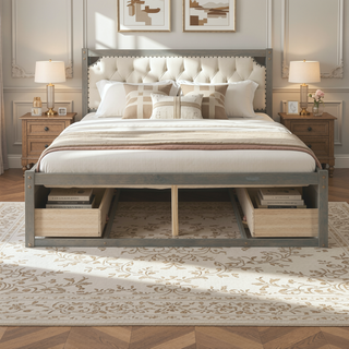 Sunvega Antique Natural Queen Size Platform Bed with 6 Spacious Storage Drawers