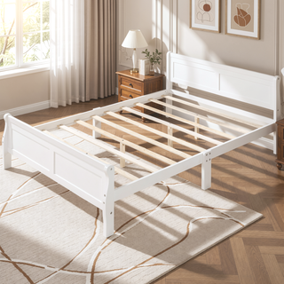 Sunvega Classic White Oak Queen Platform Bed with Headboard and Wood Slat Support