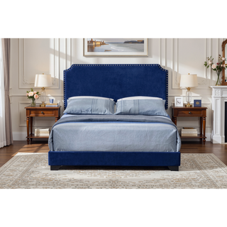 Sunvega Blue Velvet Queen Upholstered Bed with Nailhead Trim Accent