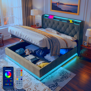Sunvega Full Size Upholstered Bed with 360 LED Lighting Hydraulic Storage and USB Charging