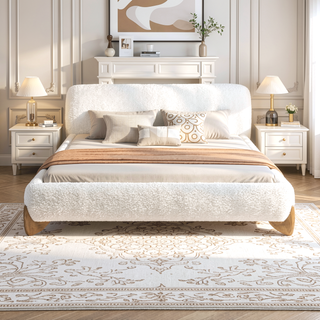 Sunvega Modern Puffy Platform Bed with Arched Headboard in Ivory White Boucle