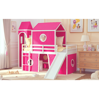 Sunvega Sturdy Pink Twin Size Loft Bed with Slide Tower and Playhouse Design