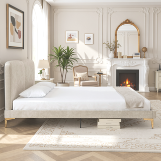 Sunvega King Ivory Velvet Upholstered Platform Bed with Foam Padded Headboard