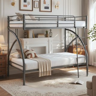Sunvega Gray Metal Twin/Full Bunk Bed with Guard Rails and Ladder