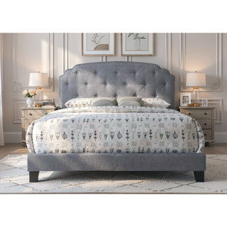 Sunvega Gray Fabric Queen Bed with Elegant Arched Headboard and Low-Profile Footboard