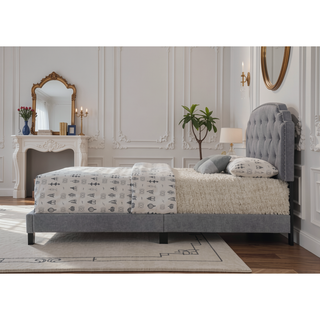 Sunvega Gray Fabric Queen Bed with Elegant Arched Headboard and Low-Profile Footboard