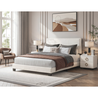 Sunvega Plush Velvet Upholstered Platform Bed with Nailhead Trim and Padded Headboard