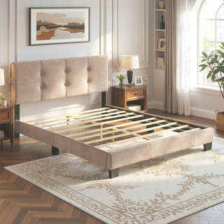 Sunvega Light Brown Velvet Upholstered Queen Platform Bed with Adjustable Height Headboard