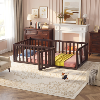 Sunvega Twin Size Wood Floor Bed Frame with Fence and Door in Walnut Finish