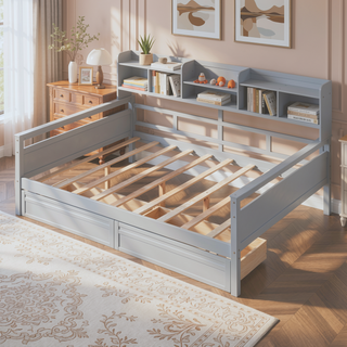 Sunvega Twin Size Daybed with Wood Slat Support, Bedside Shelf, and Two Drawers