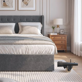 Sunvega Dark Grey Full Size Bed Frame with 4 Storage Drawers and Wingback Headboard