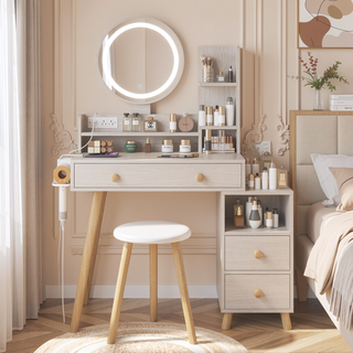 Sunvega Round LED Mirror Vanity Table Set with Cushioned Stool Touch Control 3-Color Lights