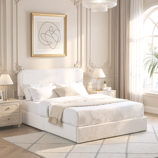 Sunvega Queen Size Ivory Boucle Upholstered Platform Bed with 4 Storage Drawers